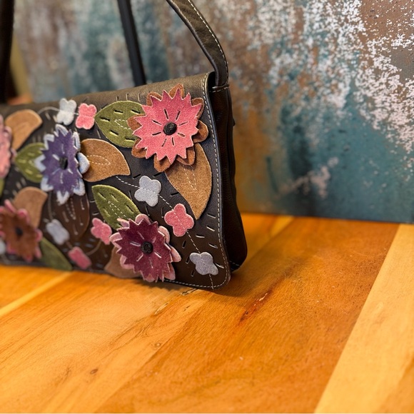 Boho Artisanal 3D Floral Applique Statement Shoulder Bag (EUC) - Picture 6 of 15